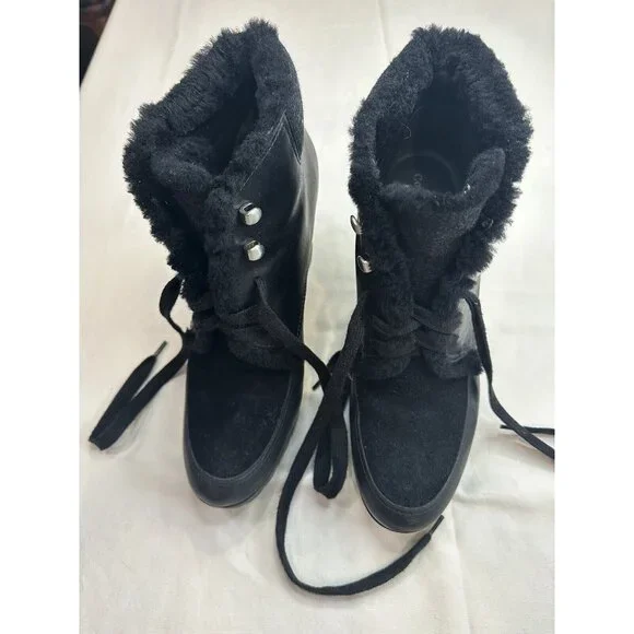 Cole Haan Waterproof Henson Wedge Black Leather Shearling Genuine Sheep sz 10B - Picture 2 of 10